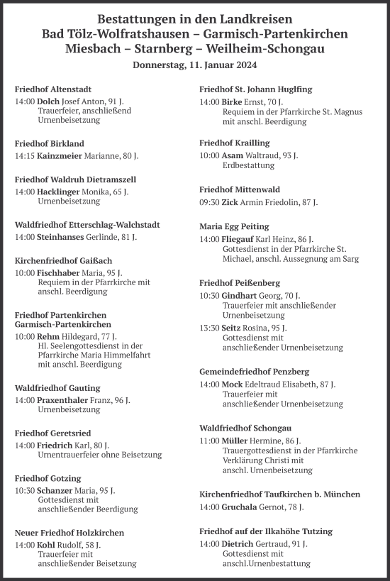Traueranzeige von Bestattungen vom 11.01.2024 von merkurtz