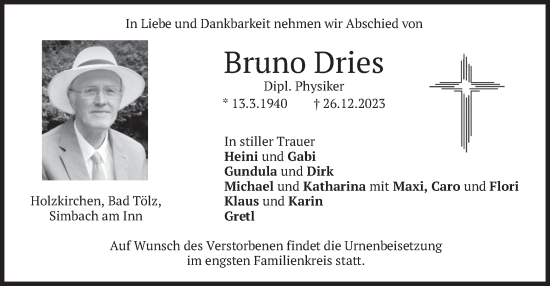 Traueranzeige von Bruno Dries von merkurtz