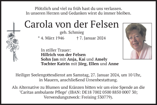 Traueranzeige von Carola von der Felsen von merkurtz