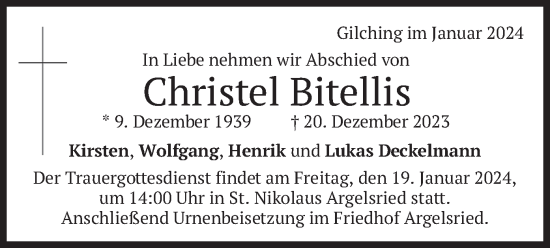 Traueranzeige von Christel Bitellis von merkurtz