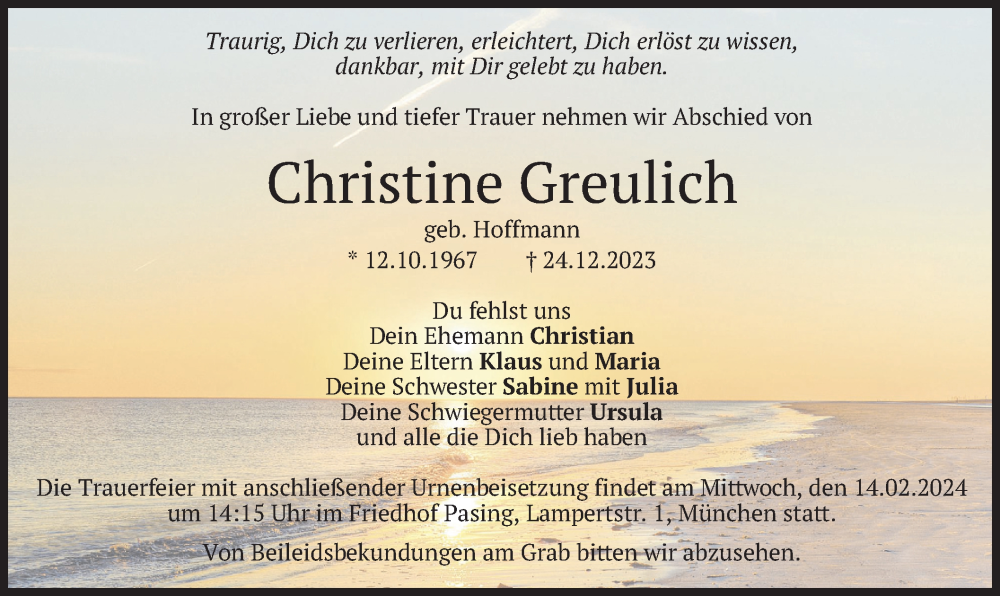  Traueranzeige für Christine Greulich vom 20.01.2024 aus merkurtz