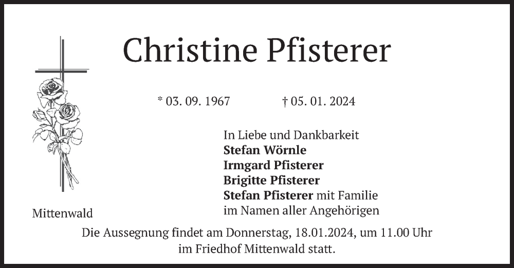  Traueranzeige für Christine Pfisterer vom 13.01.2024 aus merkurtz