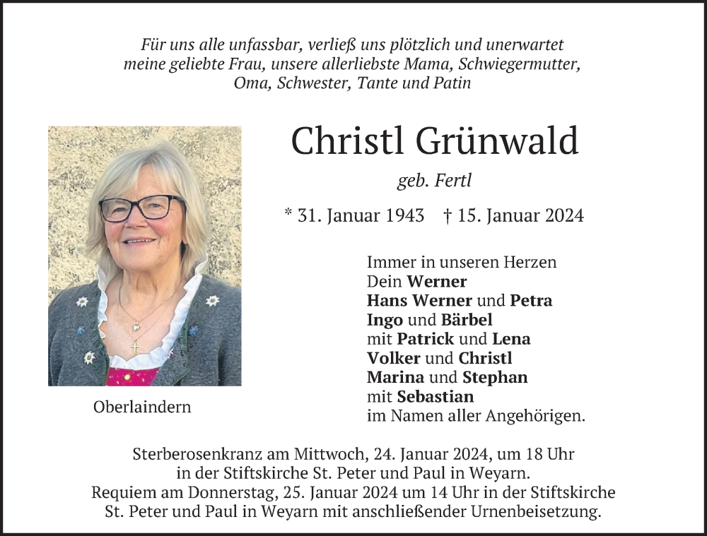  Traueranzeige für Christl Grünwald vom 20.01.2024 aus merkurtz