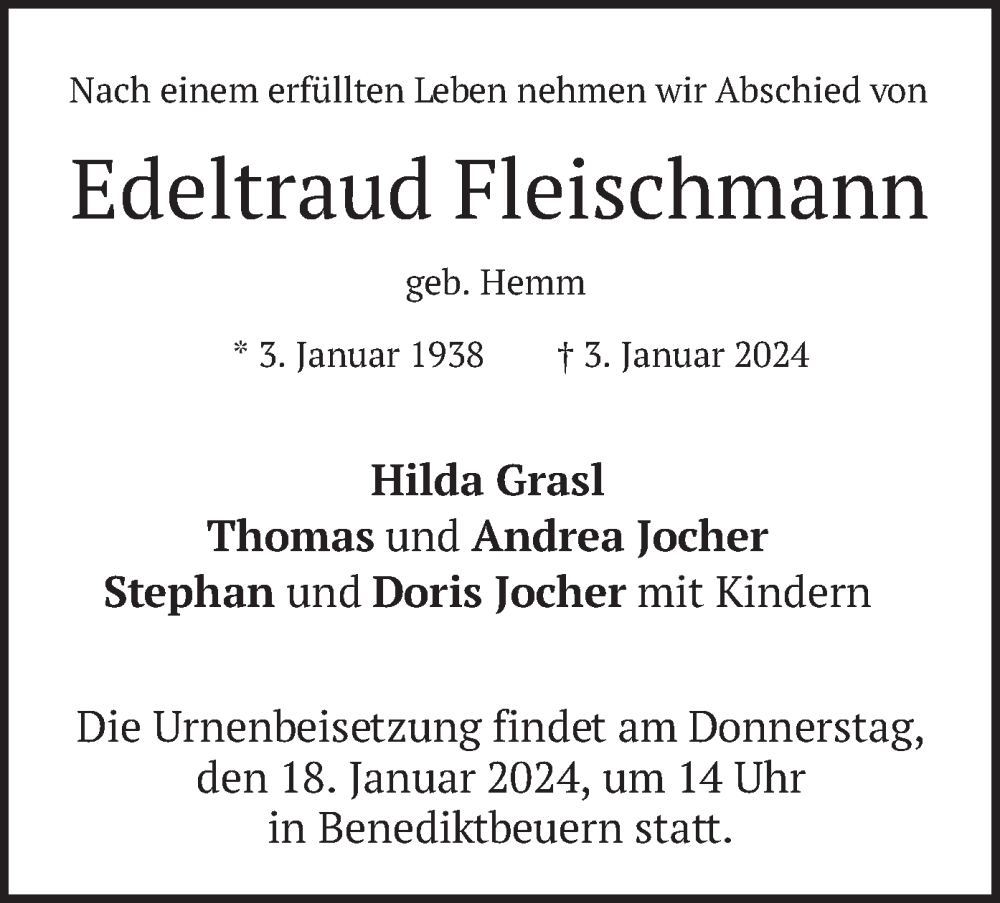  Traueranzeige für Edeltraud Fleischmann vom 13.01.2024 aus merkurtz