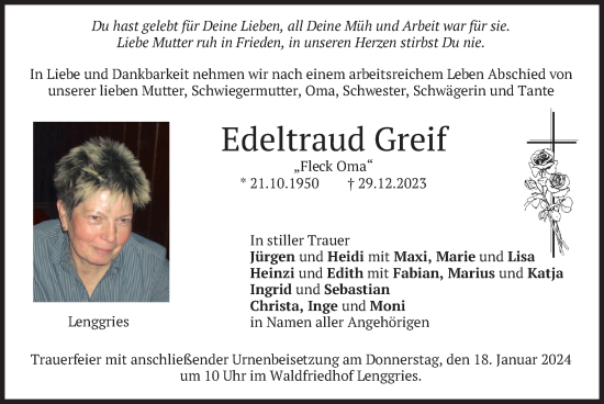 Traueranzeige von Edeltraud Greif von merkurtz
