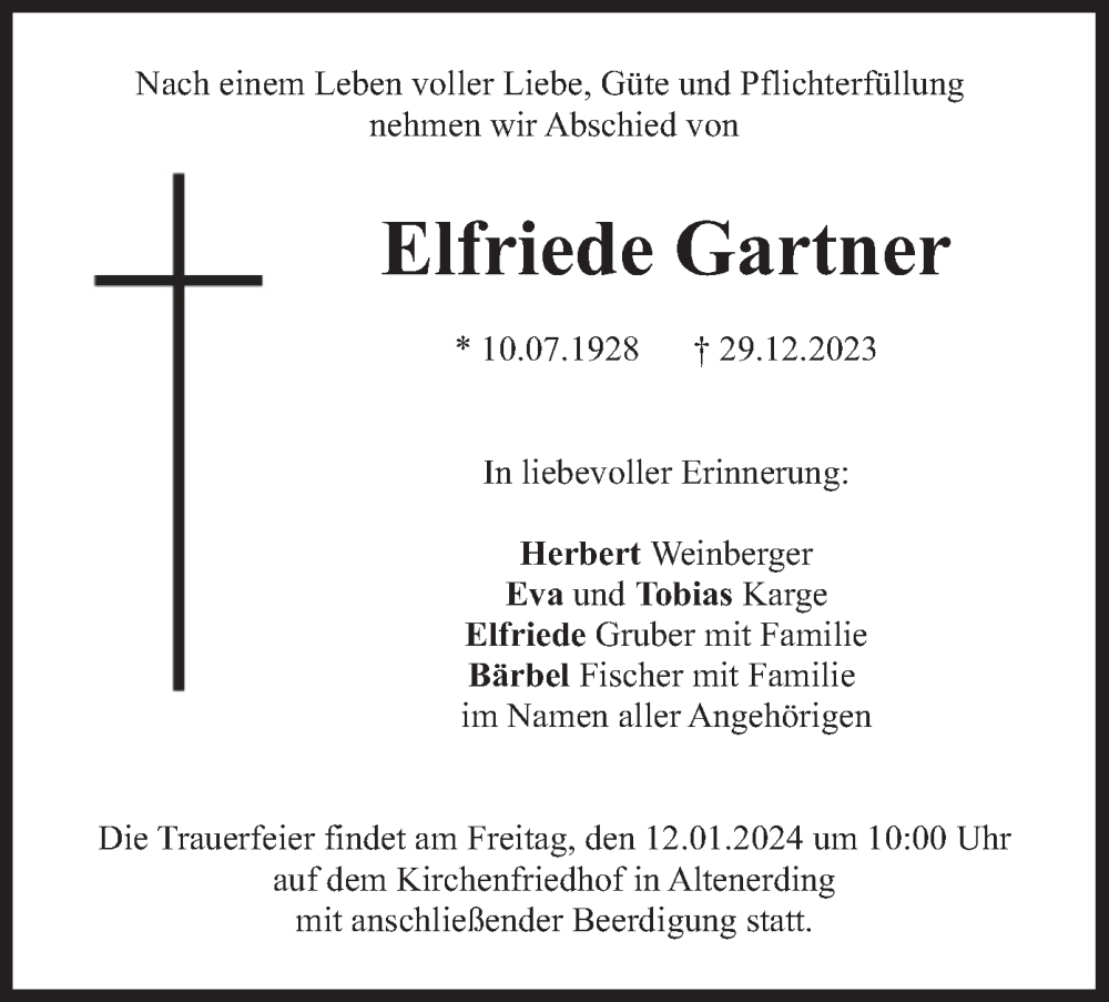  Traueranzeige für Elfriede Gartner vom 08.01.2024 aus merkurtz