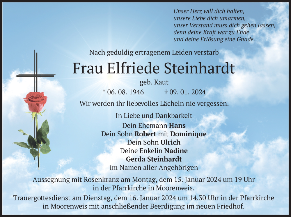  Traueranzeige für Elfriede Steinhardt vom 13.01.2024 aus merkurtz