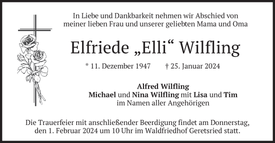 Traueranzeige von Elfriede Wilfling von merkurtz