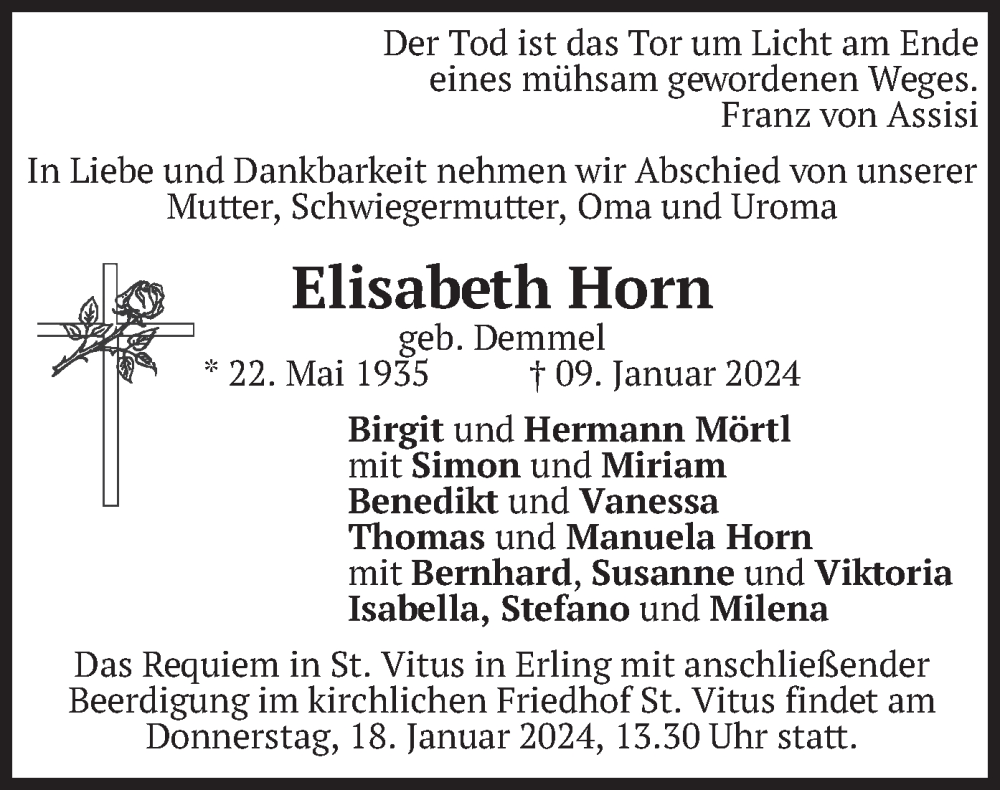  Traueranzeige für Elisabeth Horn vom 13.01.2024 aus merkurtz