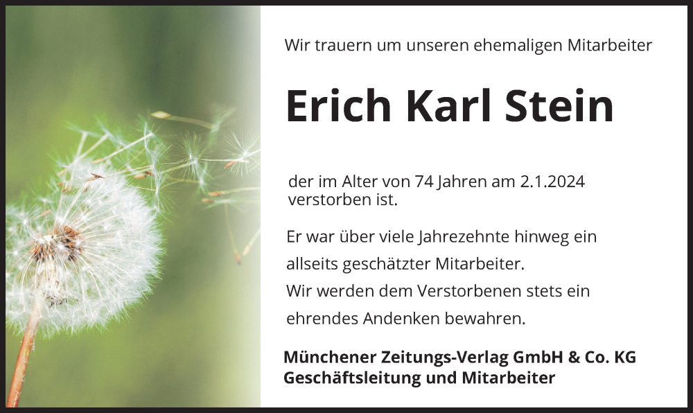  Traueranzeige für Erich Karl Stein vom 20.01.2024 aus merkurtz