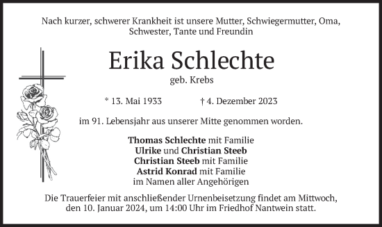 Traueranzeige von Erika Schlechte von merkurtz