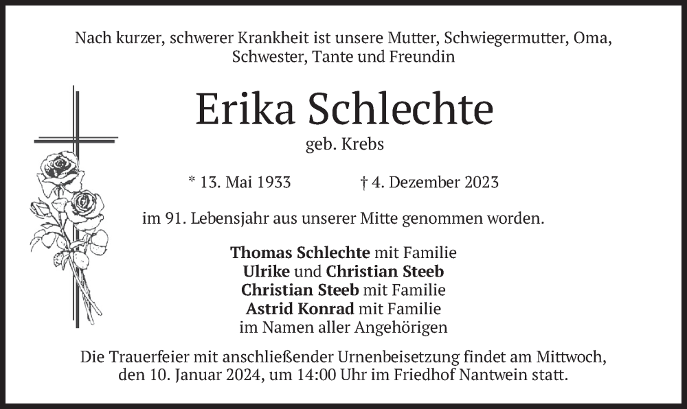  Traueranzeige für Erika Schlechte vom 05.01.2024 aus merkurtz