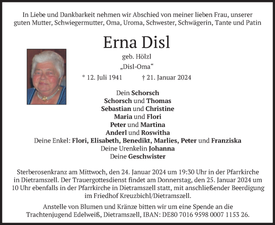 Traueranzeige von Erna Disl von merkurtz