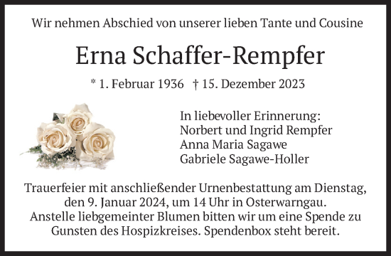 Traueranzeige von Erna Schaffer-Rempfer von merkurtz