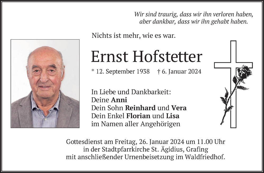  Traueranzeige für Ernst Hofstetter vom 13.01.2024 aus merkurtz