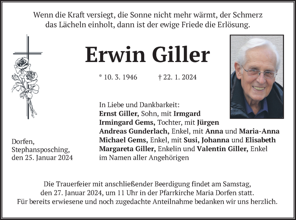  Traueranzeige für Erwin Giller vom 25.01.2024 aus merkurtz