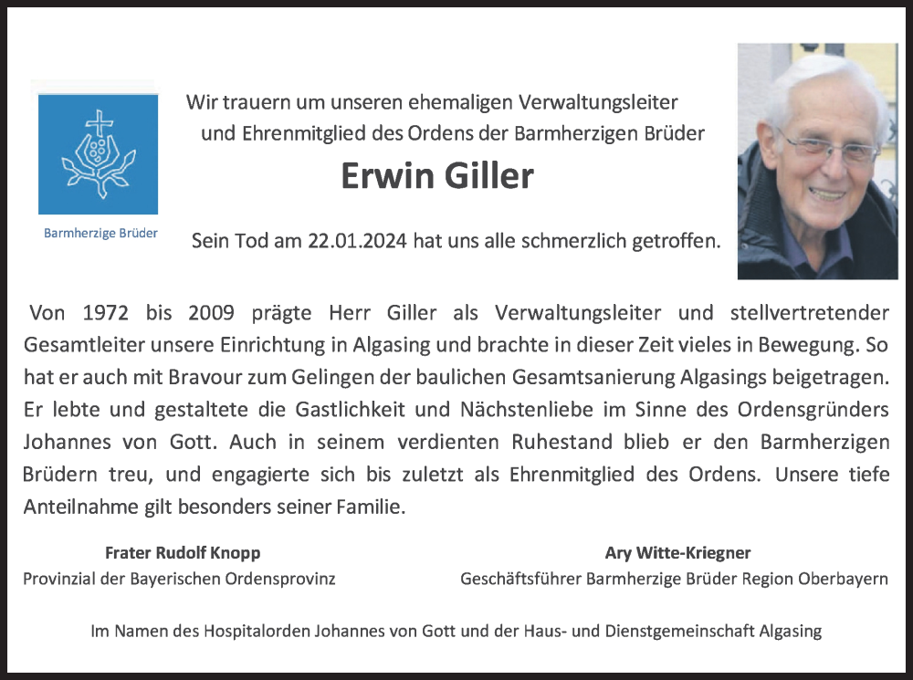  Traueranzeige für Erwin Giller vom 25.01.2024 aus merkurtz