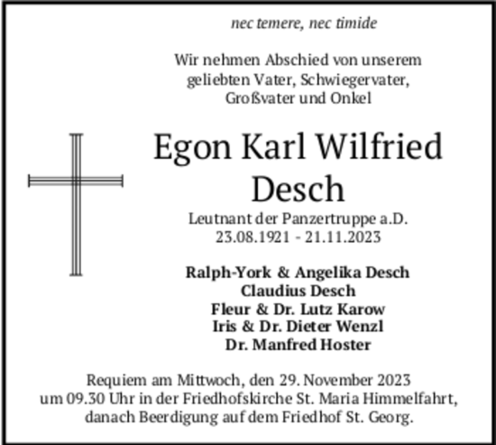 Traueranzeige von Egon Karl Wilfried Desch von merkurtz
