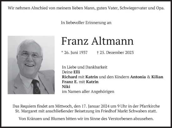 Traueranzeige von Franz Altmann von merkurtz