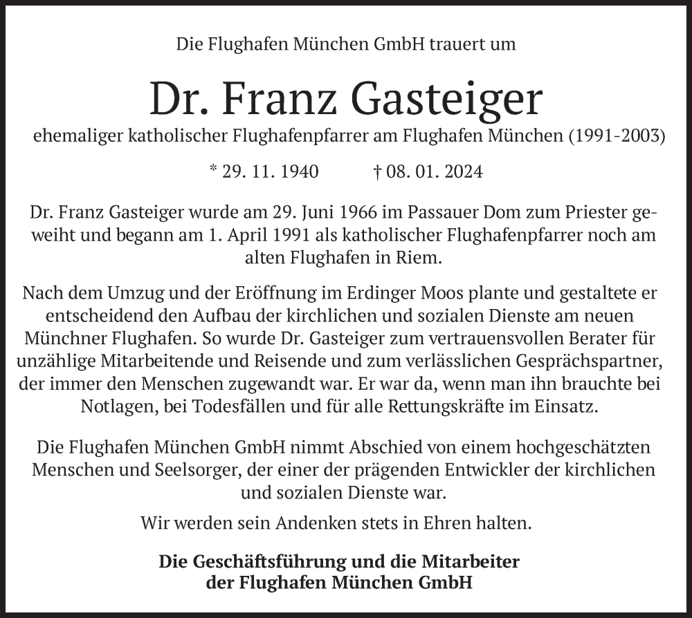  Traueranzeige für Franz Gasteiger vom 17.01.2024 aus merkurtz