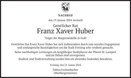 Traueranzeige von Franz Xaver Huber von merkurtz