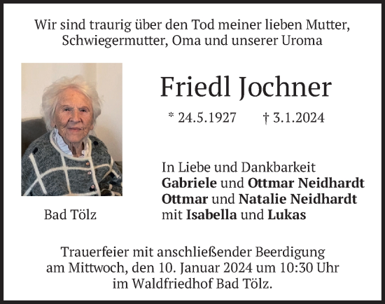 Traueranzeige von Friedl Jochner von merkurtz