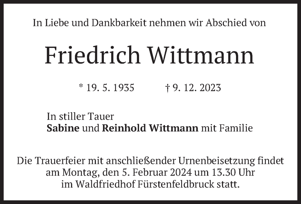 Traueranzeigen von Friedrich Wittmann | trauer.merkur.de