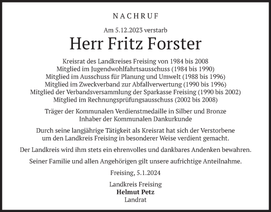 Traueranzeige von Fritz Forster von merkurtz