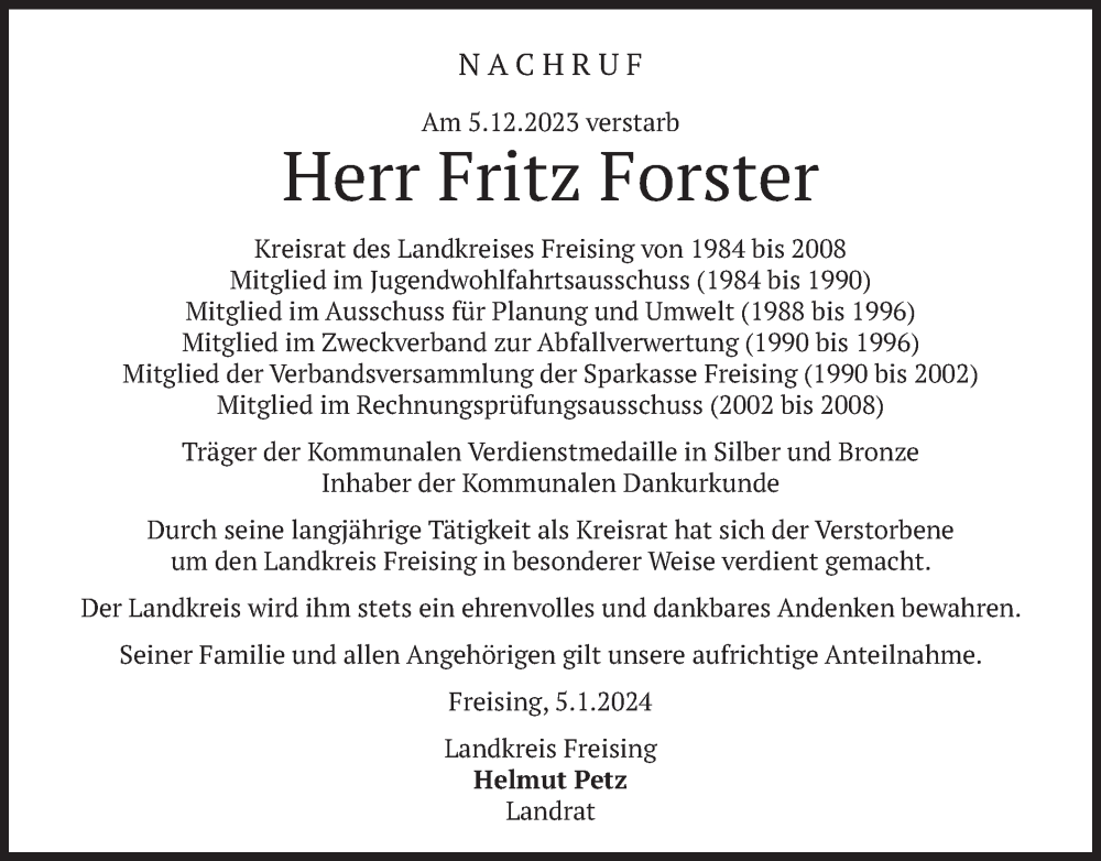  Traueranzeige für Fritz Forster vom 05.01.2024 aus merkurtz