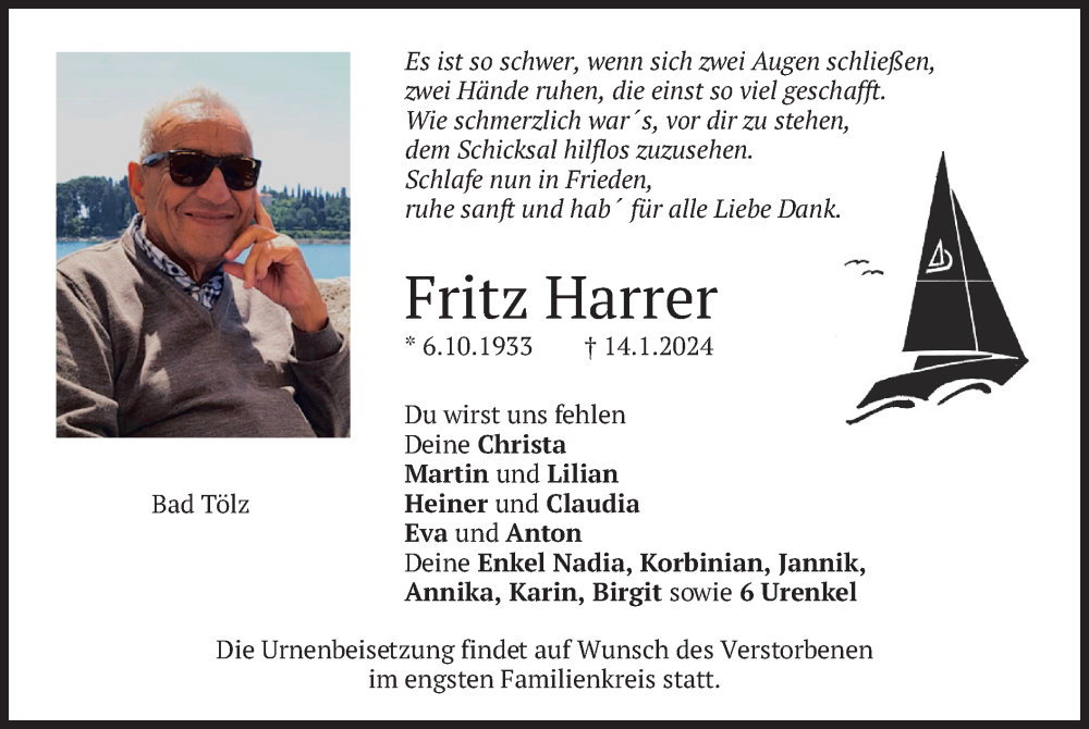  Traueranzeige für Fritz Harrer vom 19.01.2024 aus merkurtz