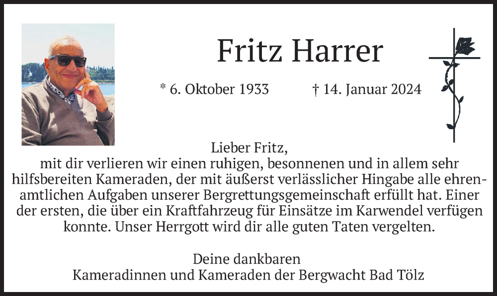  Traueranzeige für Fritz Harrer vom 25.01.2024 aus merkurtz