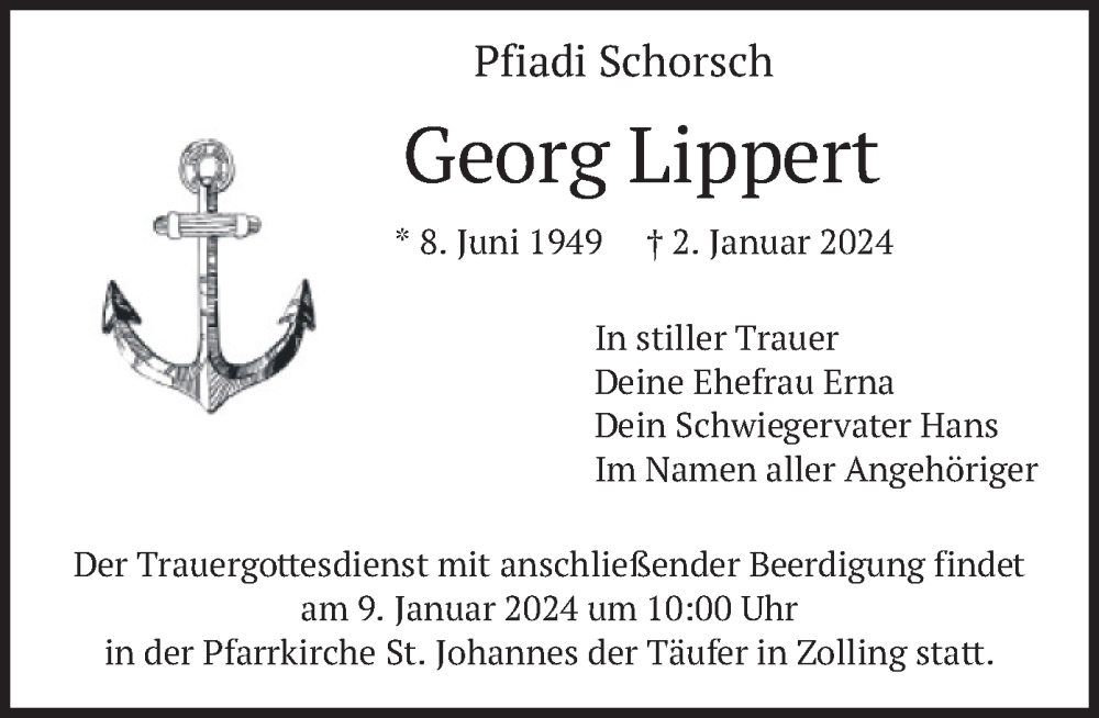  Traueranzeige für Georg Lippert vom 05.01.2024 aus merkurtz
