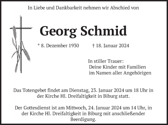 Traueranzeige von Georg Schmid von merkurtz