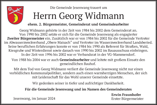 Traueranzeige von Georg Widmann von merkurtz