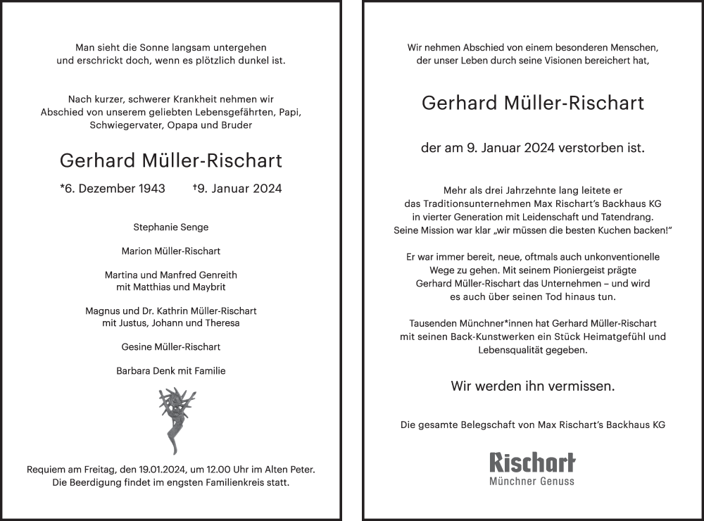  Traueranzeige für Gerhard Müller-Rischart vom 13.01.2024 aus merkurtz