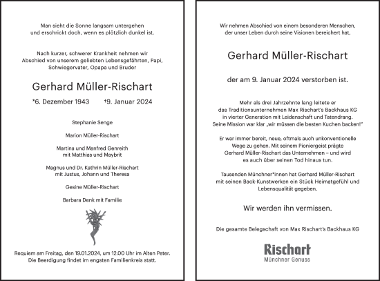 Traueranzeige von Gerhard Müller-Rischart von merkurtz