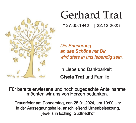 Traueranzeige von Gerhard Trat von merkurtz