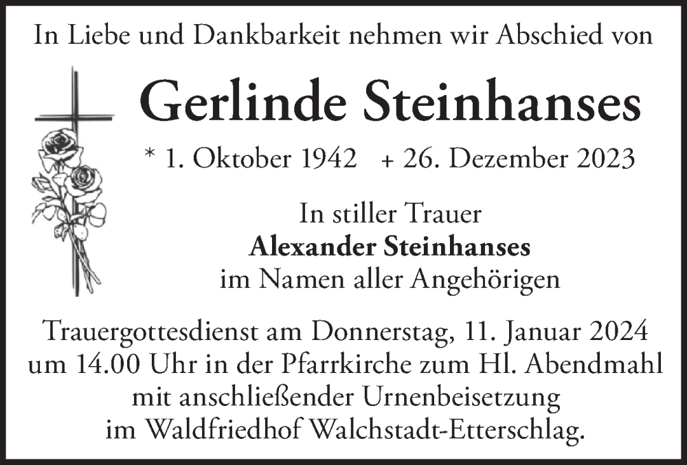  Traueranzeige für Gerlinde Steinhanses vom 05.01.2024 aus merkurtz
