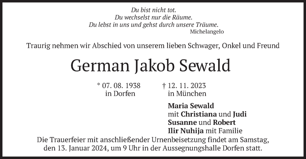  Traueranzeige für German Jakob Sewald vom 09.01.2024 aus merkurtz