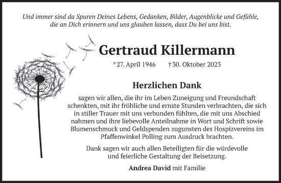 Traueranzeige von Gertraud Killermann von Das Gelbe Blatt Penzberg