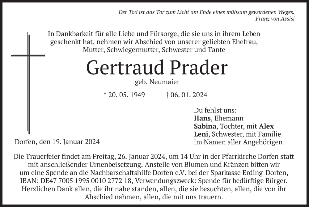  Traueranzeige für GErtraud Prader vom 19.01.2024 aus merkurtz