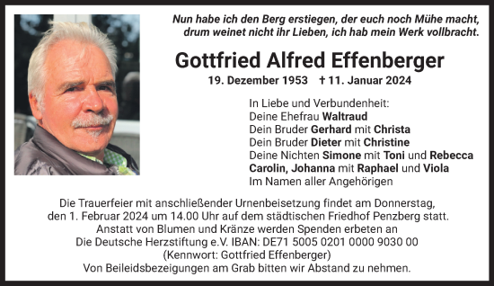Traueranzeige von Gottfried Alfred Effenberger von Das Gelbe Blatt Penzberg