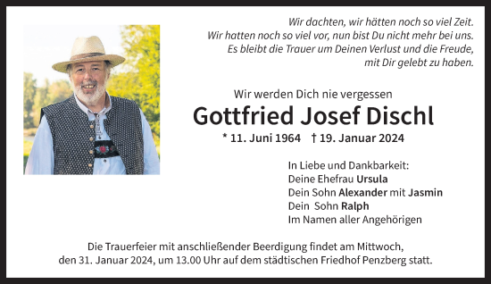 Traueranzeige von Gottfried Josef Dischl von Das Gelbe Blatt Penzberg
