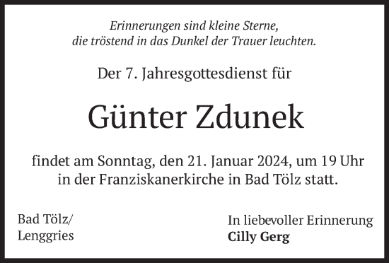 Traueranzeige von Günter Zdunek von merkurtz