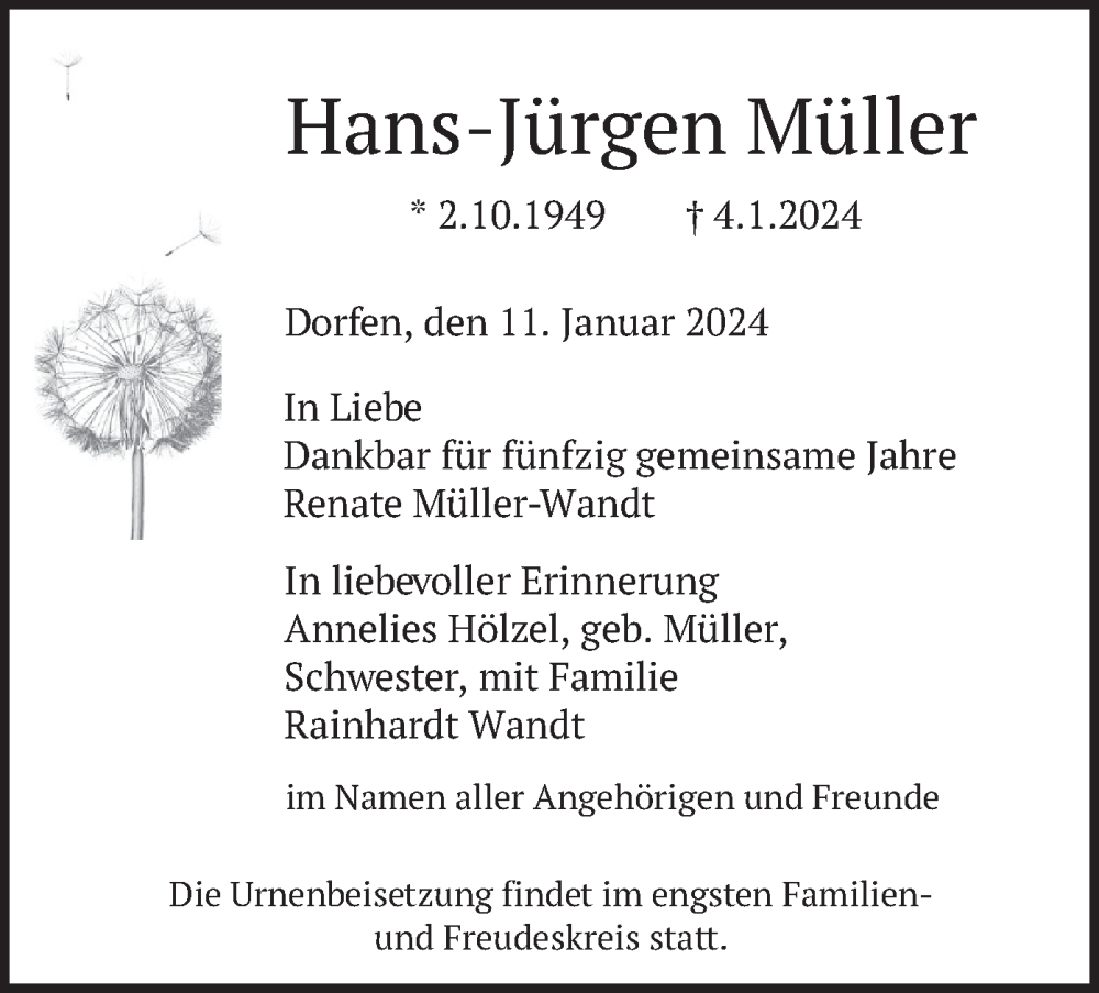  Traueranzeige für Hans-Jürgen Müller vom 11.01.2024 aus merkurtz