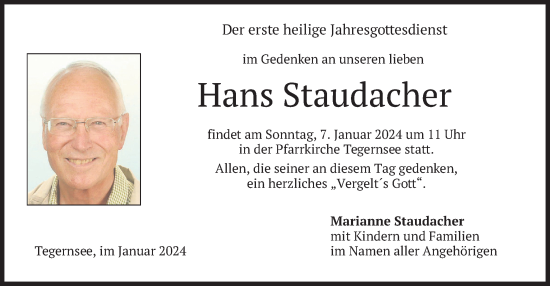 Traueranzeige von Hans Staudacher von merkurtz