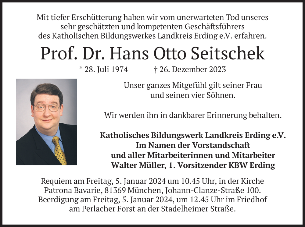  Traueranzeige für Hans Otto Seitschek vom 03.01.2024 aus merkurtz