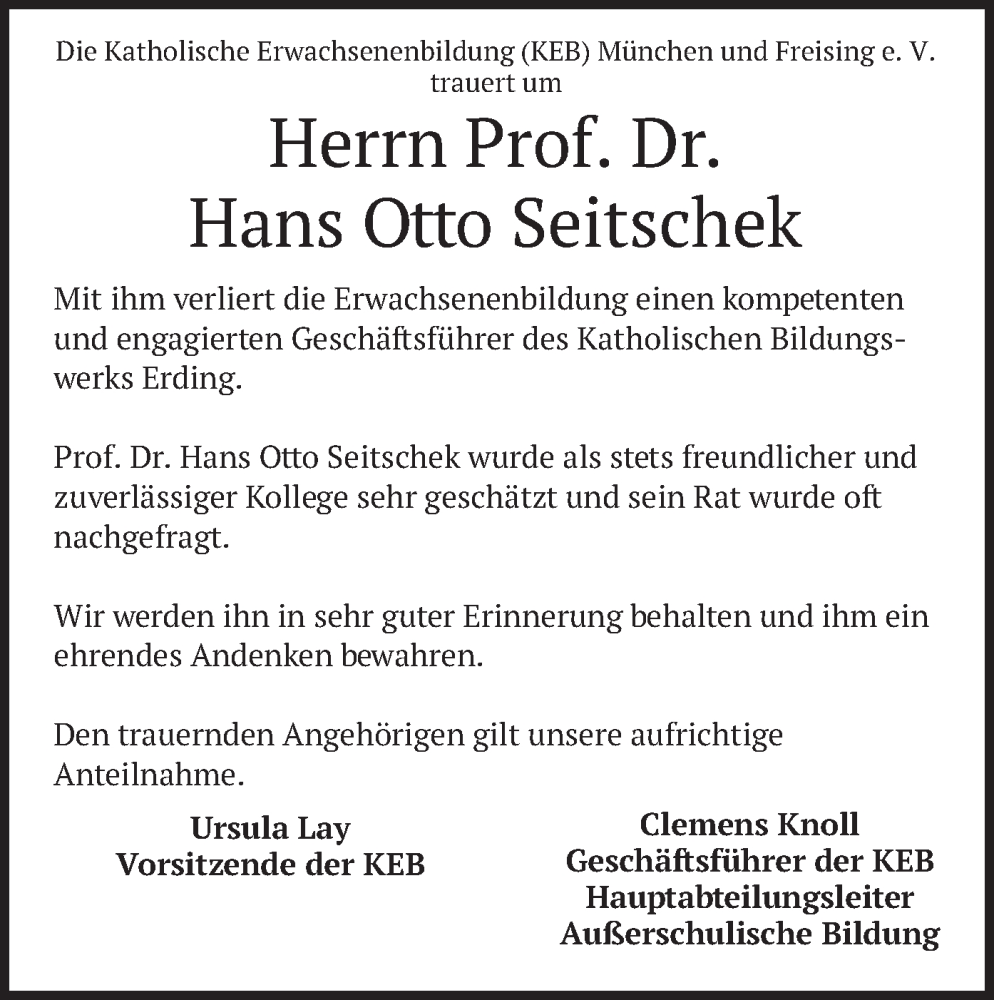  Traueranzeige für Hans Otto Seitschek vom 04.01.2024 aus merkurtz
