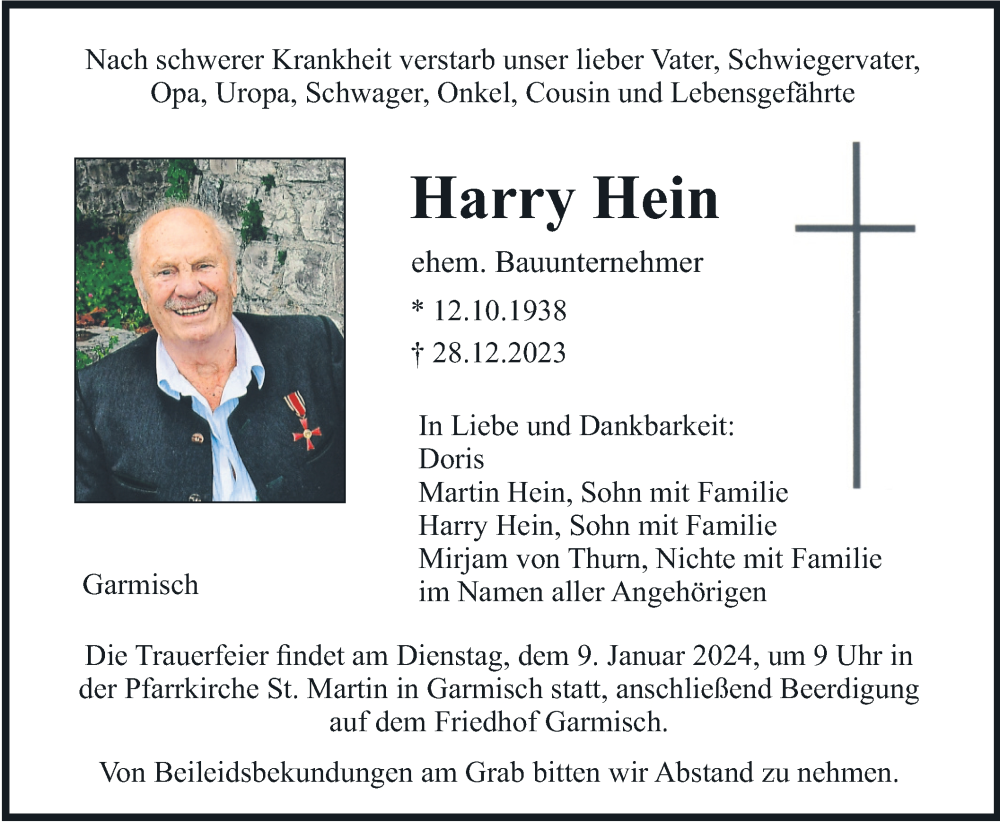  Traueranzeige für Harry Hein vom 05.01.2024 aus merkurtz