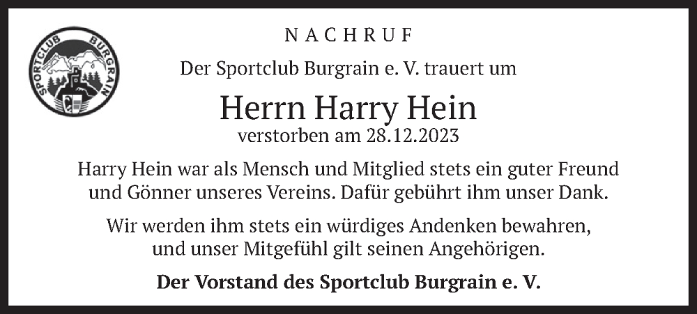  Traueranzeige für Harry Hein vom 13.01.2024 aus merkurtz